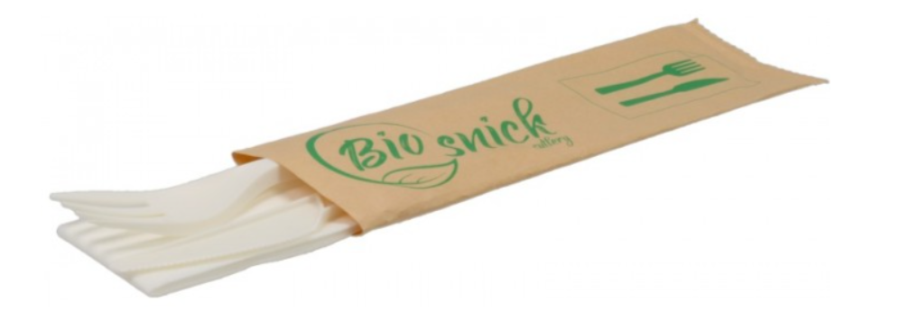 Set tacamuri din CPLA ambalate in hartie, albe, BIS, cutit + furculita + servetel, 50 buc/set