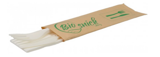 Set tacamuri din CPLA ambalate in hartie, albe, BIS, cutit + furculita + servetel, 50 buc/set